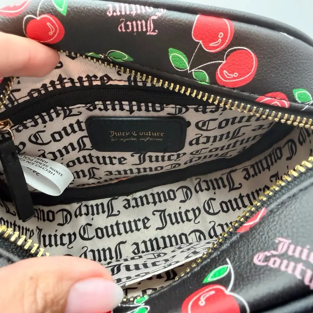 Juicy Couture Cherry Crossbody Bag NWT Black Cherry Print Gold Chain Pom Charm